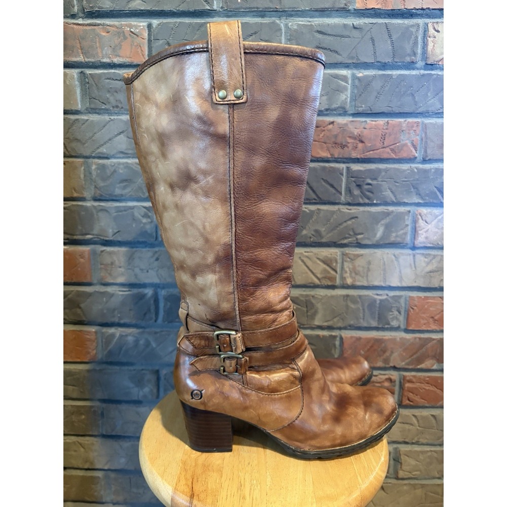 Born Milano Brown Leather Double Buckle Block Heel Knee High Boots Size 8.5